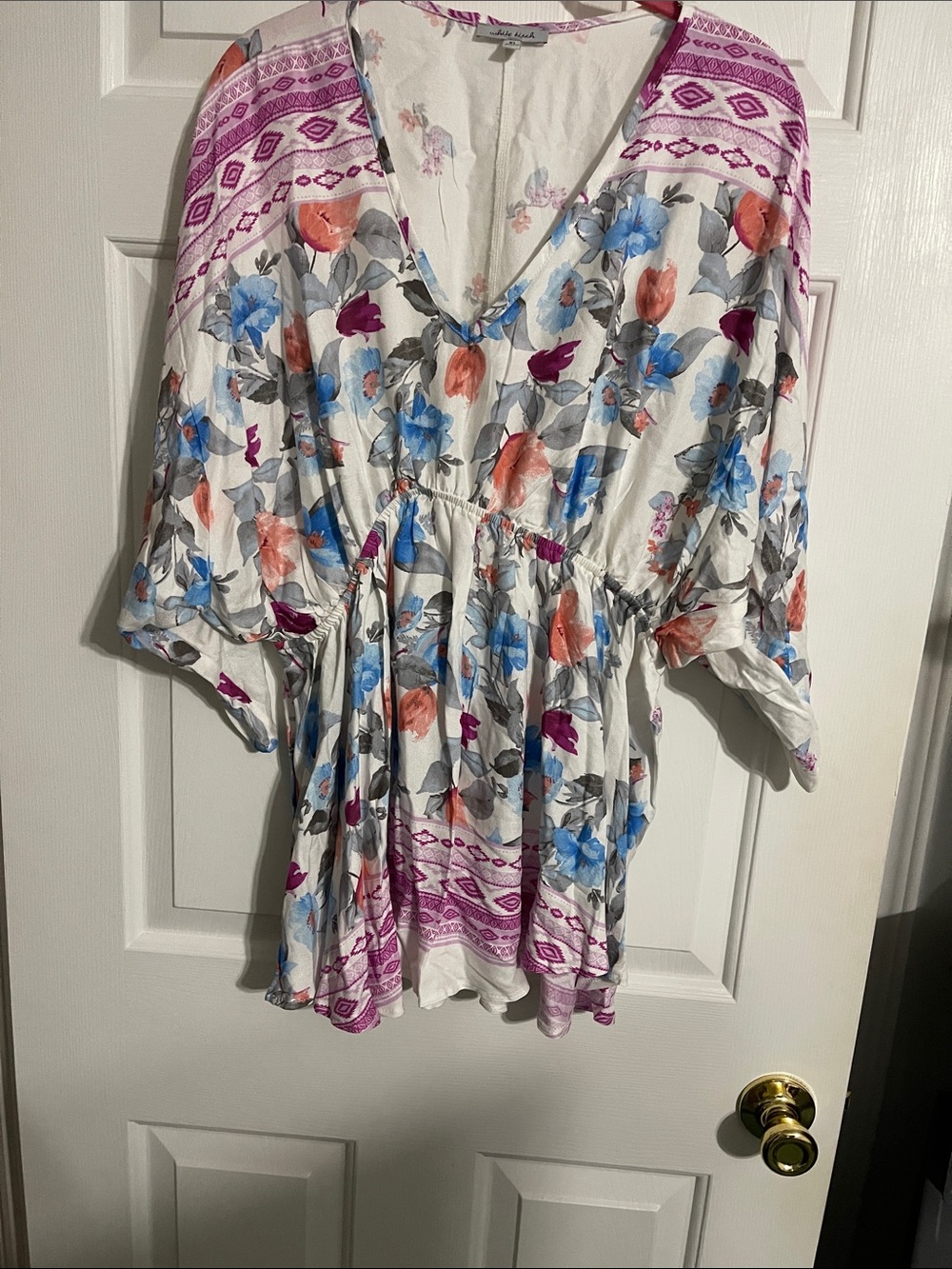 white birch White Floral V-Neck Tunic with Blue & Coral Accents